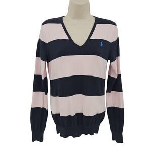 Ralph Lauren Sport Sweater Women M Navy Pink Stripe Pima Cotton Coquette Preppy